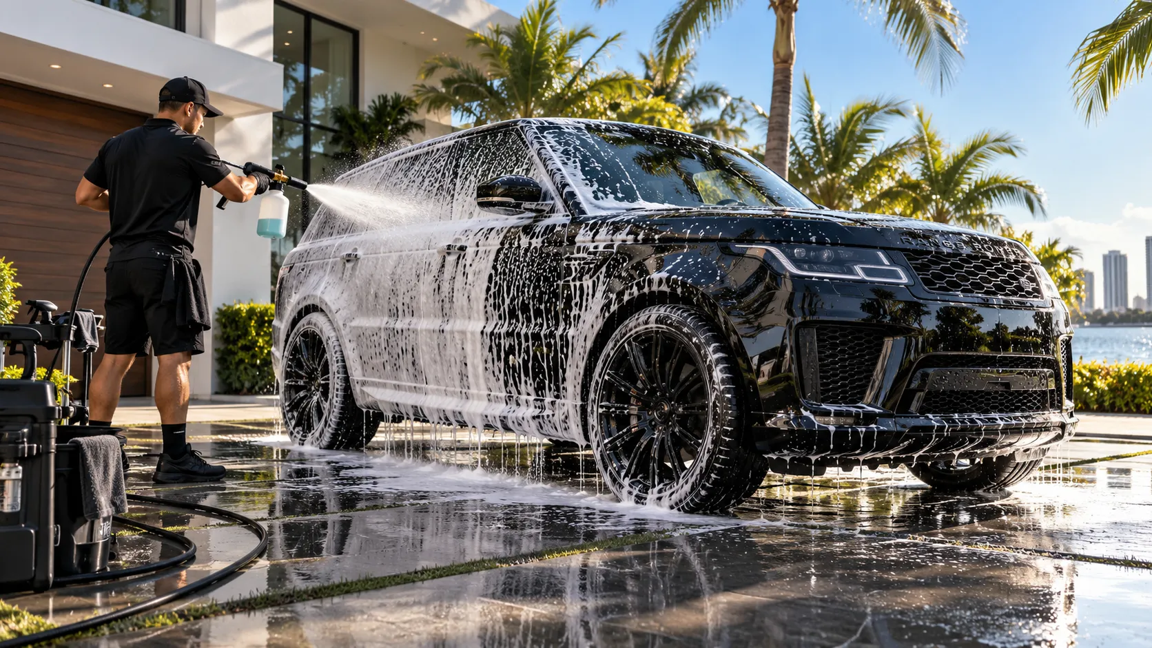 Luxury SUV foam wash and exterior detailing